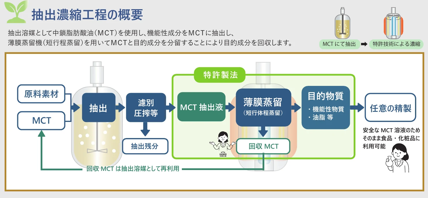 抽出濃縮工程の概要。抽出溶媒として中鎖脂肪酸油（MCT）を使用し、機能性成分をMCTに抽出し、薄膜蒸留機（短行程蒸留）を用いてMCTと目的成分を分留することにより目的成分を回収します。原料素材とMCTを抽出し、濾別・圧搾等で抽出残分を分離。MCT抽出液を薄膜蒸留して目的物質（機能性物質・油脂等）を得て、任意の精製へ。回収MCTは抽出溶媒として再利用。安全なMCT溶液のためそのまま食品・化粧品に利用可能。